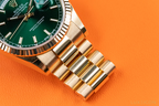Rolex Yellow Gold Day-Date Fluted Bezel Green Index Dial President Bracelet